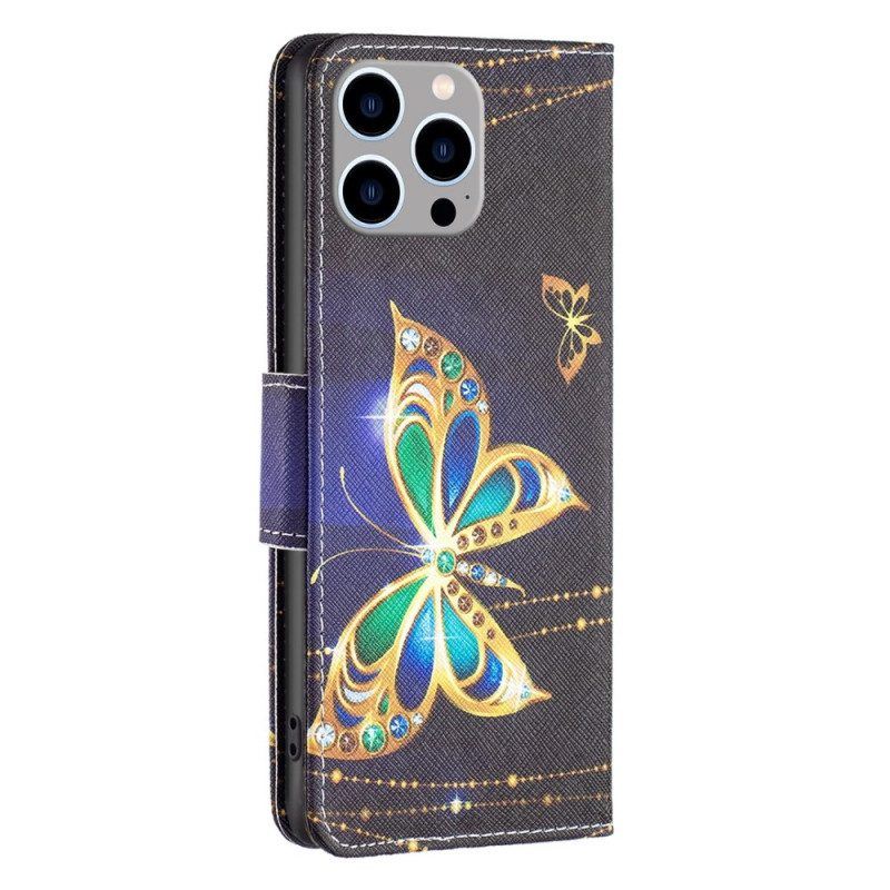 Flip Case Für iPhone 14 Pro Max Goldener Schmetterling