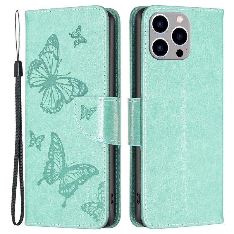 Flip Case Für iPhone 14 Pro Max Mit Kordel Riemchen Mit Schmetterlingen-print