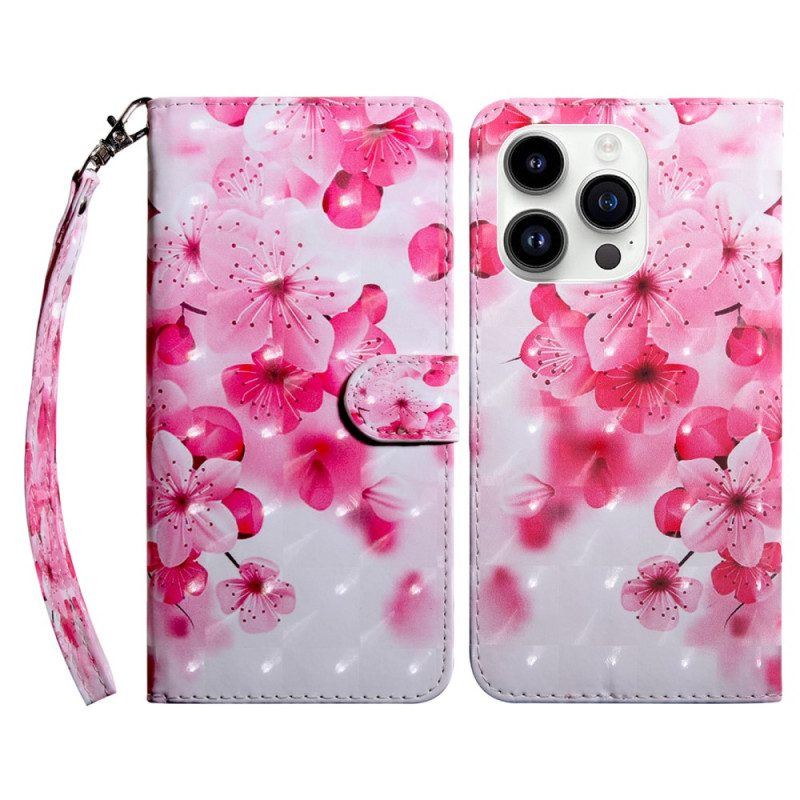 Flip Case Für iPhone 15 Pro Mit Kordel Riemenblumen