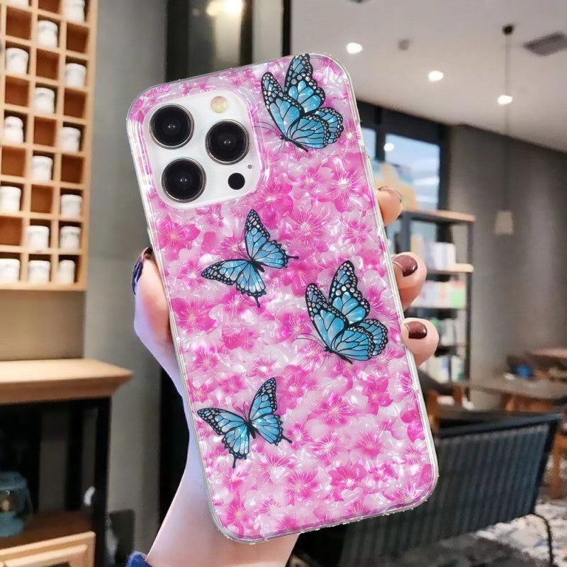 Handyhülle Für iPhone 15 Pro Blumen Und Schmetterlinge