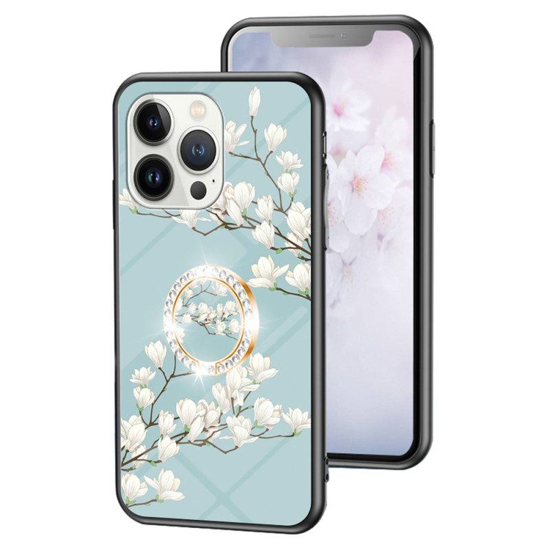 Hülle Für iPhone 15 Pro Florales Gehärtetes Glas Mit Stützring