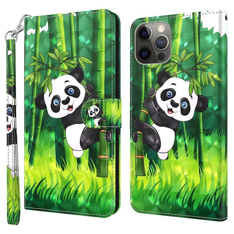 Lederhüllen Für iPhone 15 Pro Mit Kordel 3d-bambus-panda Mit Riemen