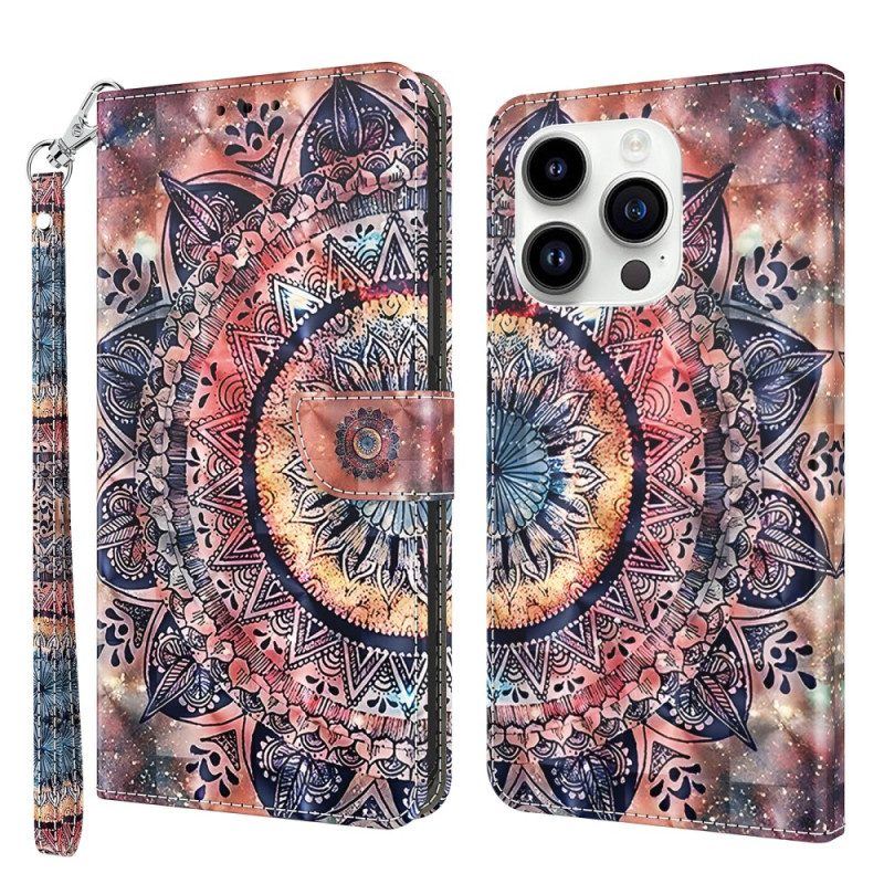 Lederhüllen Für iPhone 15 Pro Mit Kordel Mandala Mit Riemen