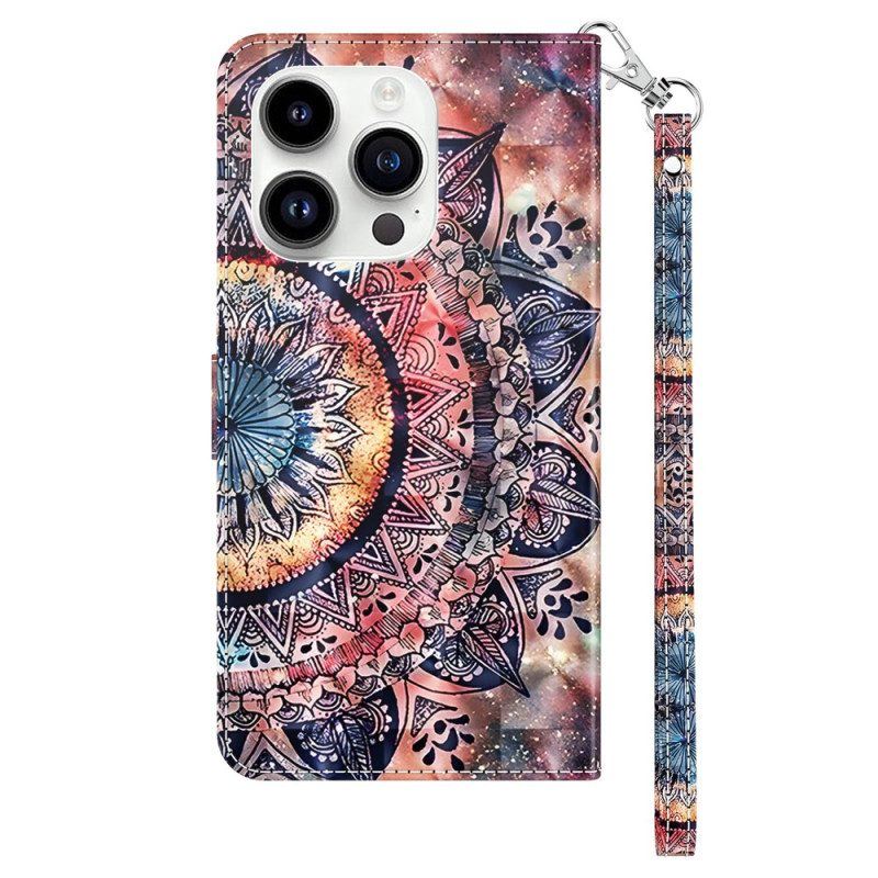 Lederhüllen Für iPhone 15 Pro Mit Kordel Mandala Mit Riemen