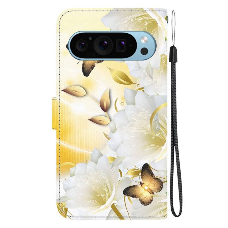 Lederhüllen Google Pixel 9 Pro Goldene Schmetterlinge Und Weiße Blumen Mit Riemen