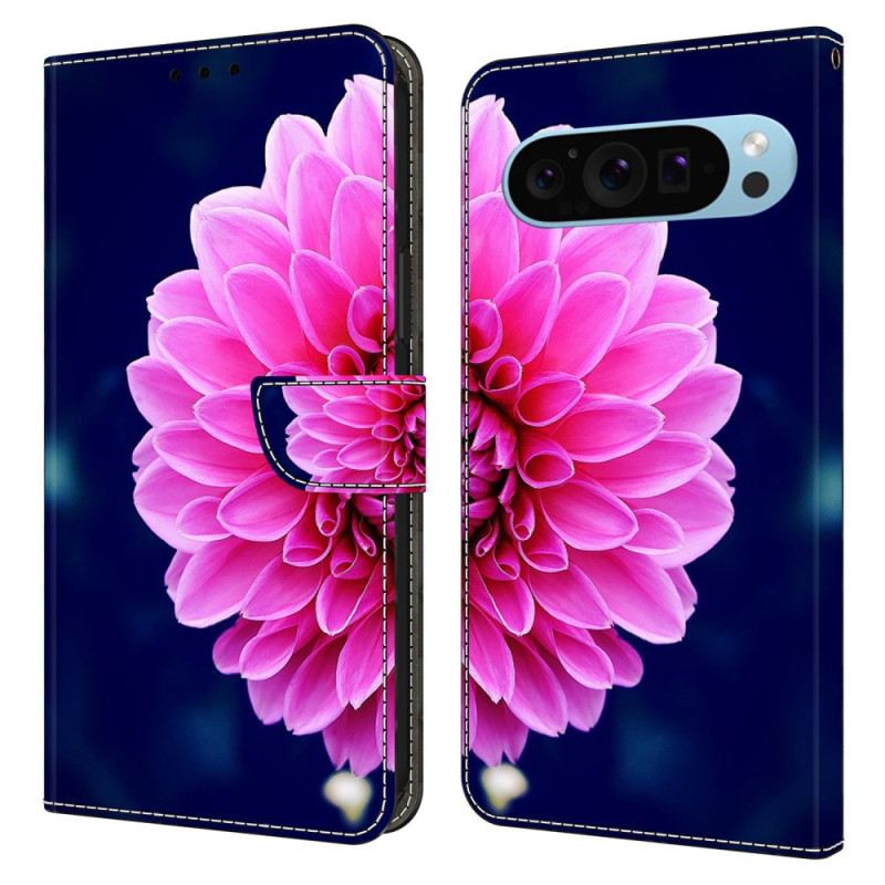 Lederhüllen Google Pixel 9 Pro Handyhülle Rosa Blume Auf Blauem Hintergrund