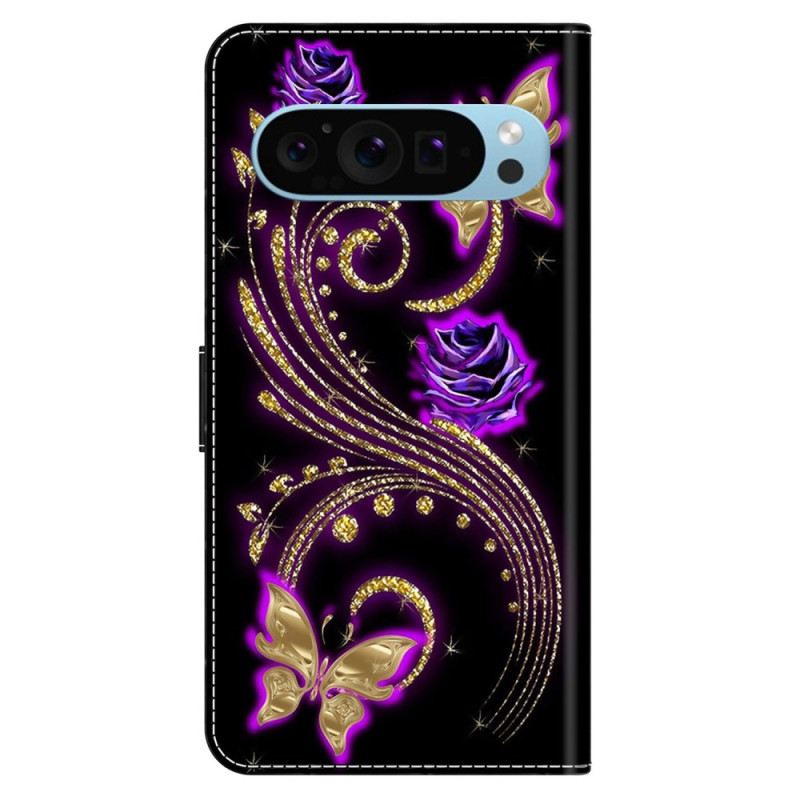 Lederhüllen Google Pixel 9 Pro Handyhülle Violette Blumen Und Schmetterlinge