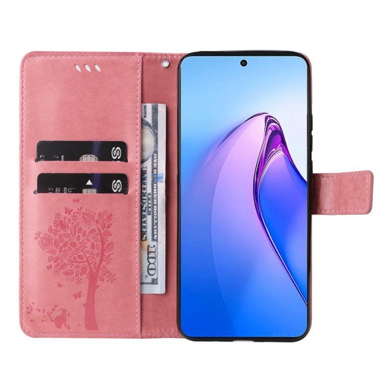 Flip Case Für Oppo Reno 8 Pro Mit Kordel Baum Und Riemchenkatze