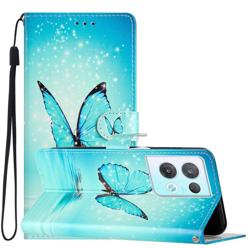 Flip Case Für Oppo Reno 8 Pro Mit Kordel Blaue Schmetterlinge Mit Riemen