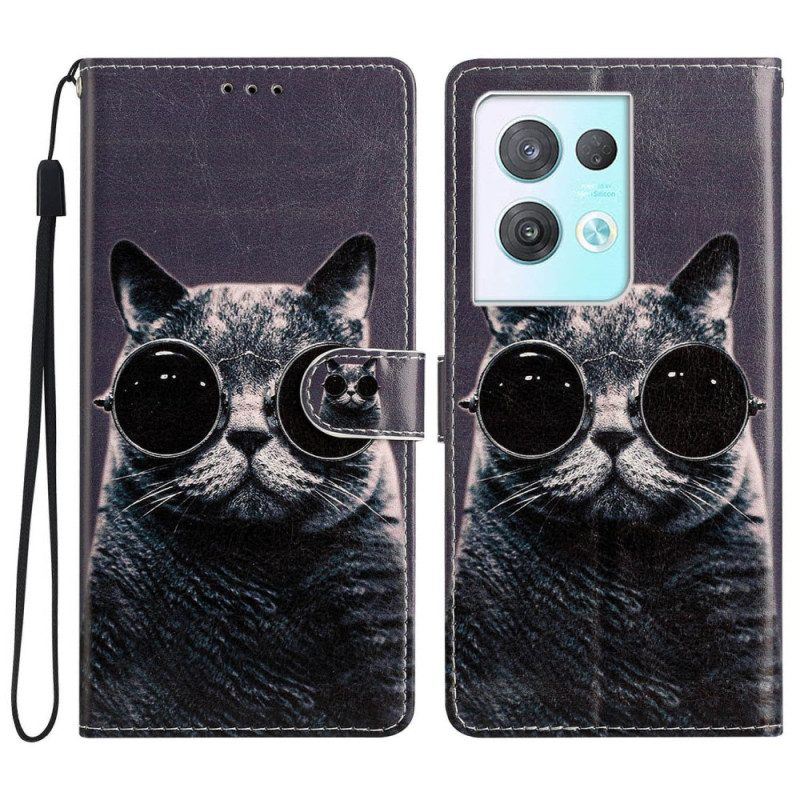 Flip Case Für Oppo Reno 8 Pro Mit Kordel Katzen-riemenbrille