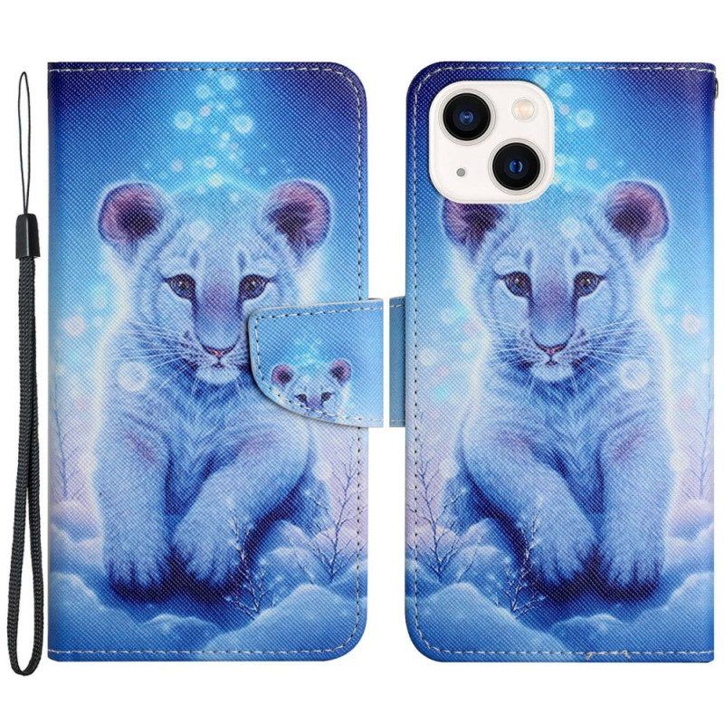 Flip Case Für iPhone 15 Mit Kordel Baby-leopard Mit Riemen