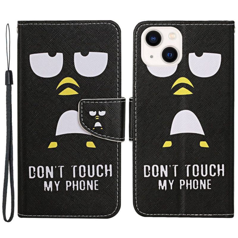 Flip Case Für iPhone 15 Mit Kordel Pinguin Don't Touch My Phone Lanyard