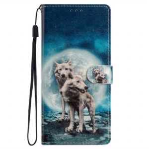 Flip Case Für iPhone 15 Mit Kordel Schlüsselband „wölfe Unter Dem Mond“.