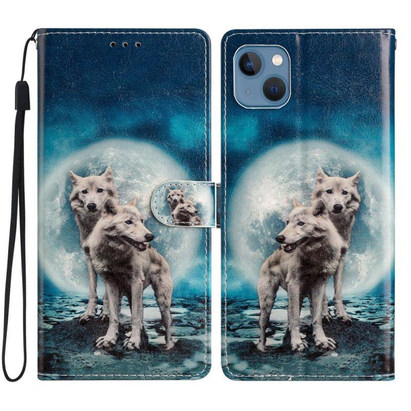 Flip Case Für iPhone 15 Mit Kordel Schlüsselband „wölfe Unter Dem Mond“.