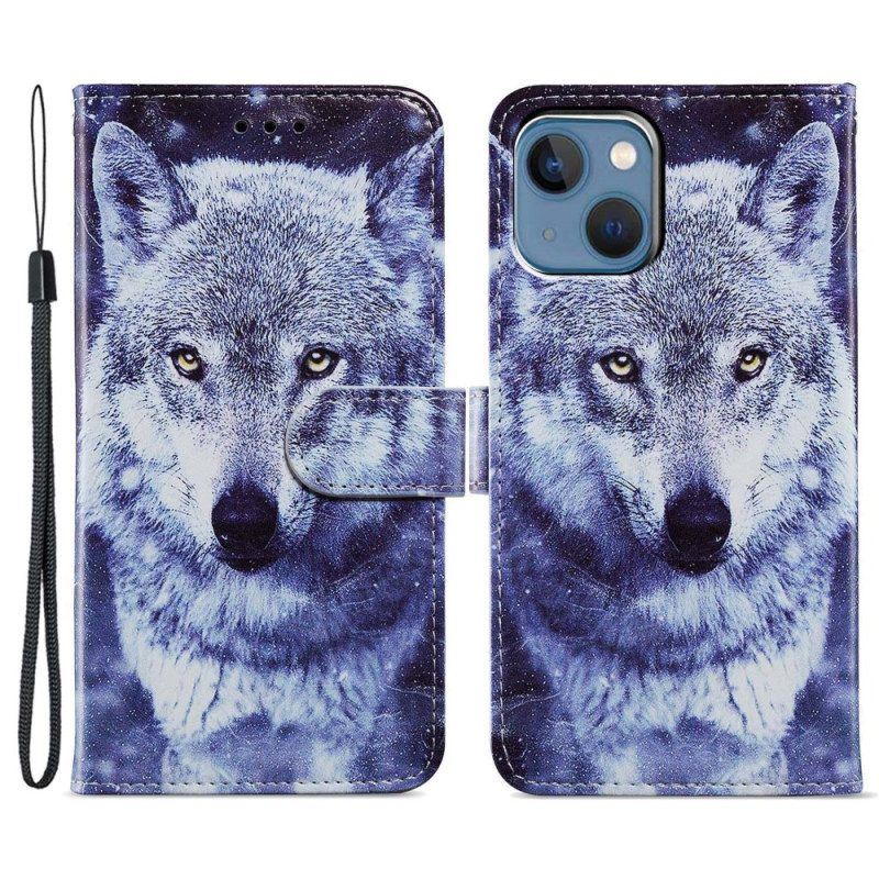 Flip Case Für iPhone 15 Mit Kordel Weißer Wolf Mit Riemen