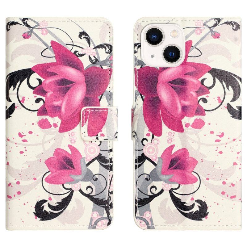 Flip Case Für iPhone 15 Tropische Blumen