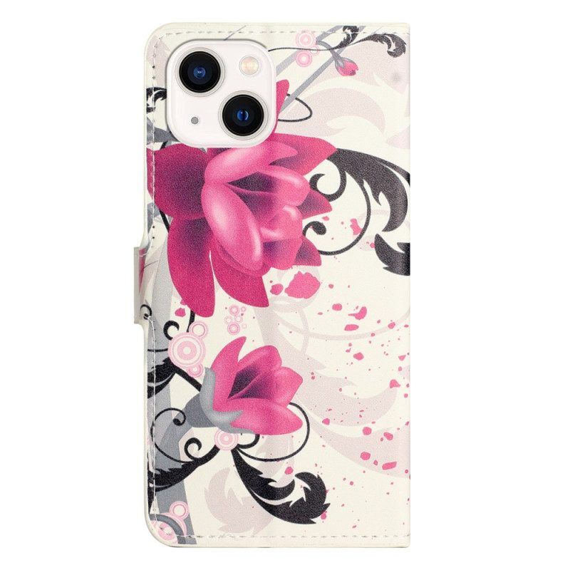 Flip Case Für iPhone 15 Tropische Blumen