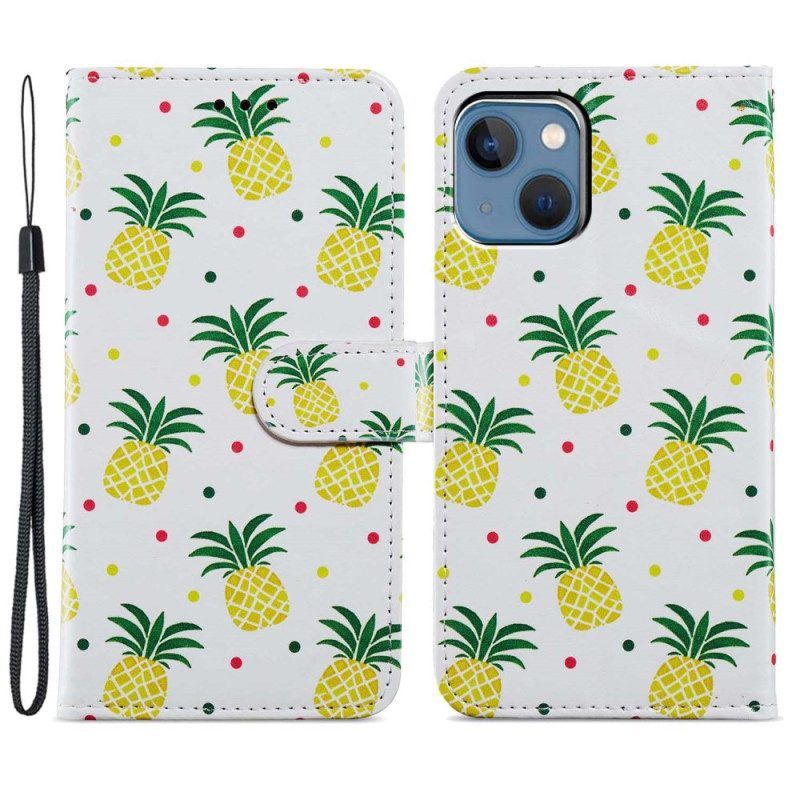 Lederhüllen Für iPhone 15 Mit Kordel Ananas Mit Riemen