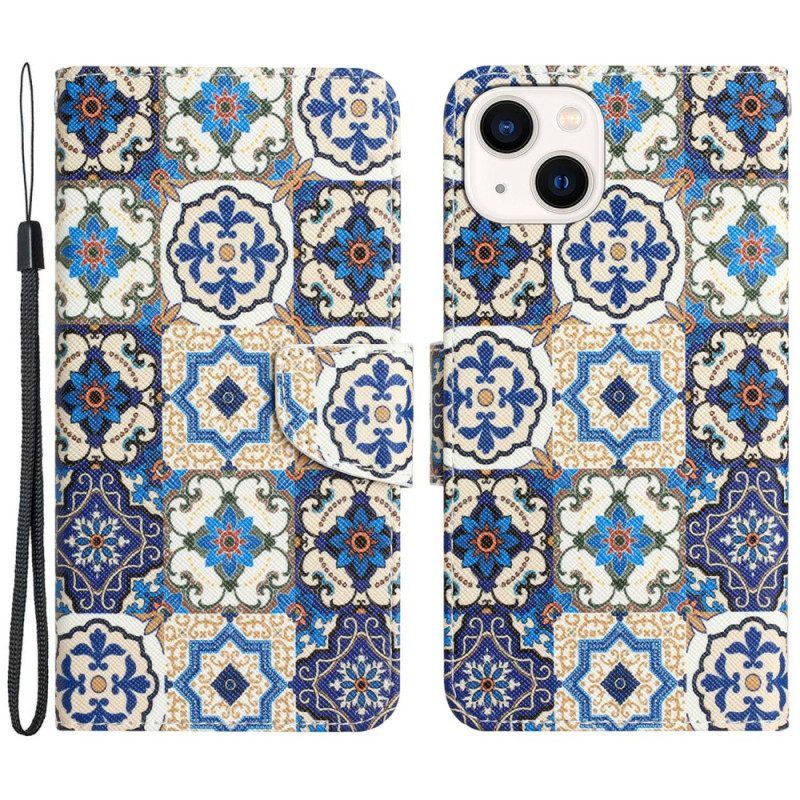 Lederhüllen Für iPhone 15 Mit Kordel Blaues Patchwork Mit Riemen