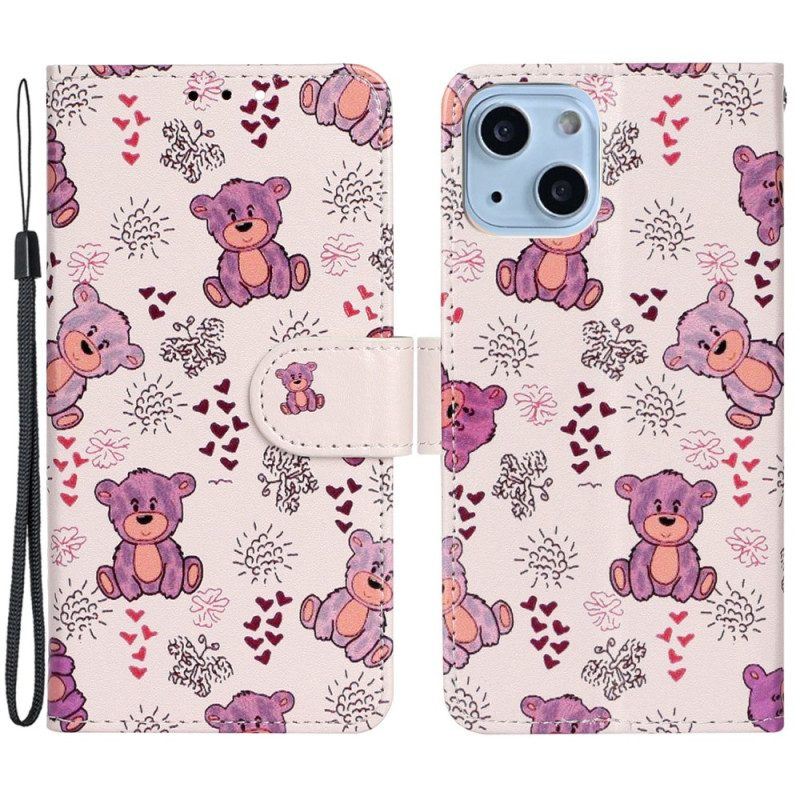 Lederhüllen Für iPhone 15 Mit Kordel Kleine Teddybären Mit Riemen