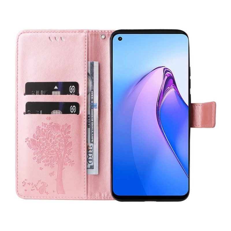 Flip Case Für Oppo Reno 8 Mit Kordel Baum Und Riemchenkatze