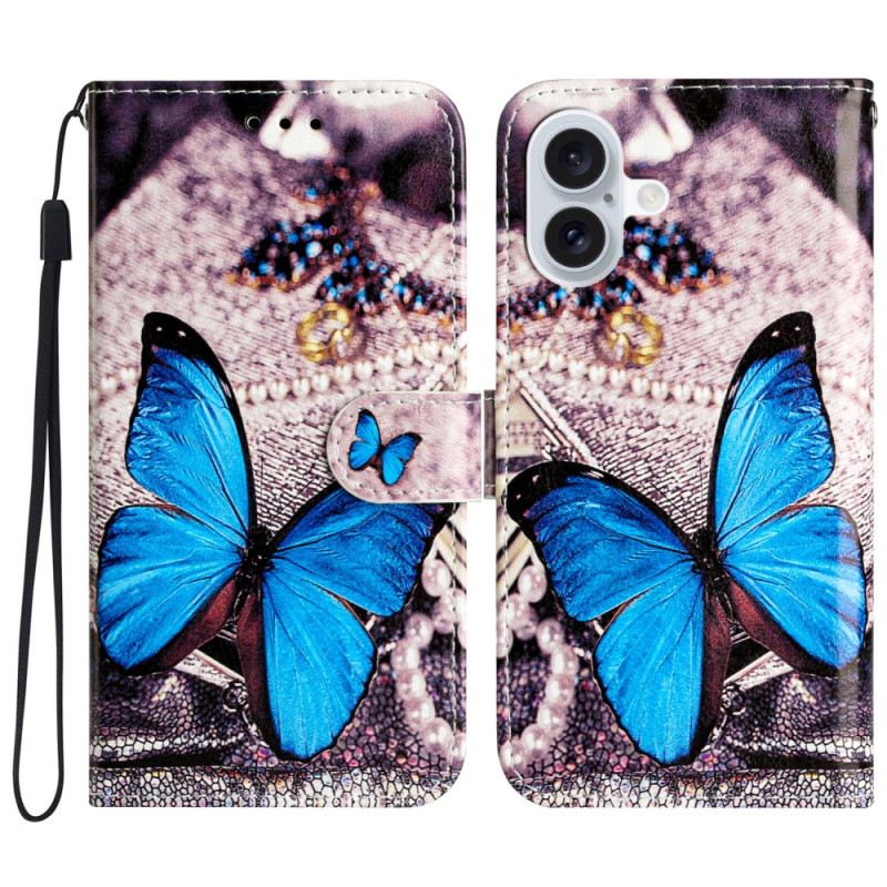 Lederhüllen Für iPhone 16 Blauer Schmetterling Mit Riemen