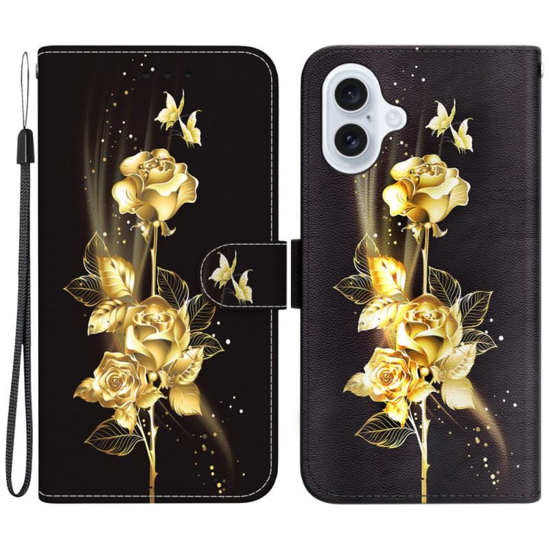 Lederhüllen Für iPhone 16 Goldener Schmetterling Und Rosen Mit Riemen