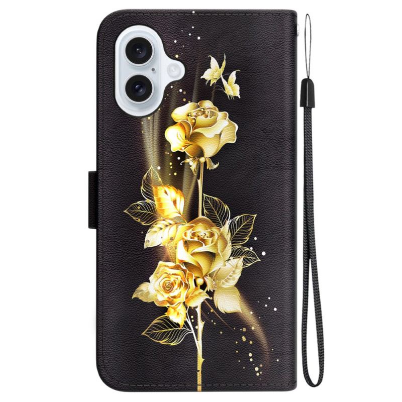 Lederhüllen Für iPhone 16 Goldener Schmetterling Und Rosen Mit Riemen