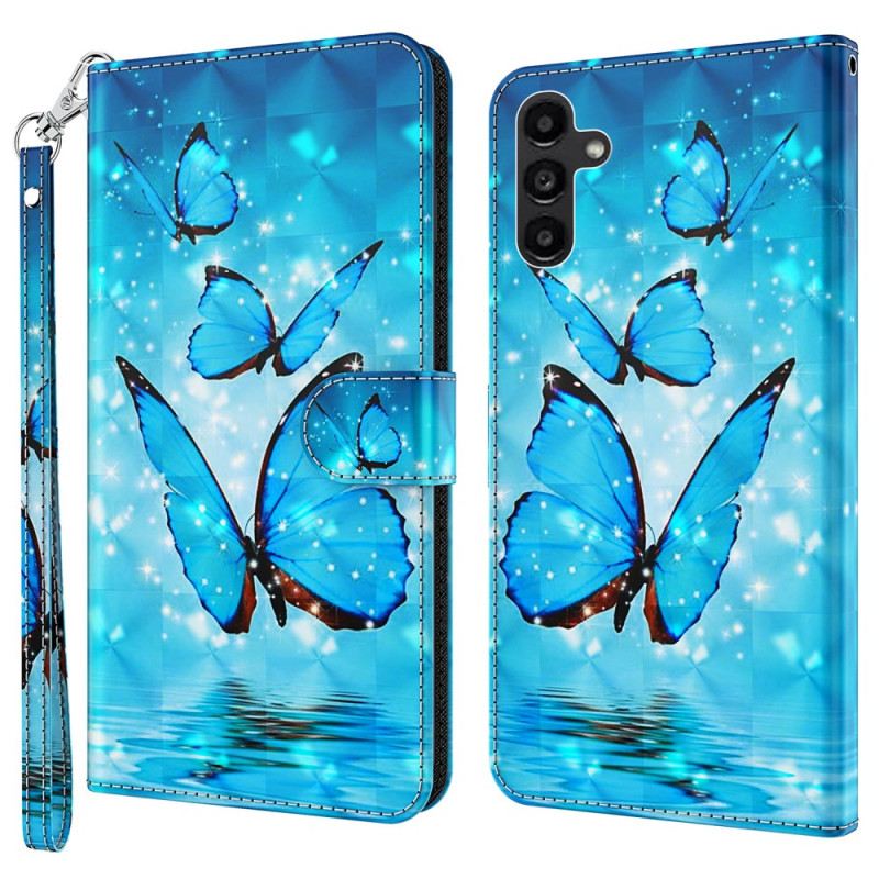 Lederhüllen Für Samsung Galaxy A55 5g Blaue Schmetterlinge Mit Riemen