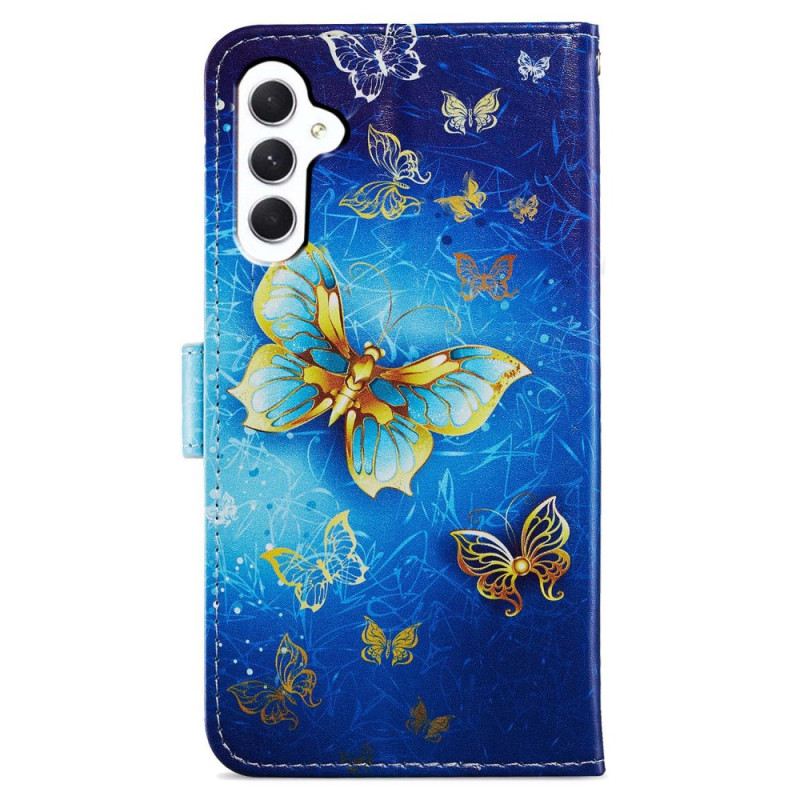 Lederhüllen Samsung Galaxy A55 5g Goldener Schmetterling Auf Blauem Hintergrund Mit Riemen