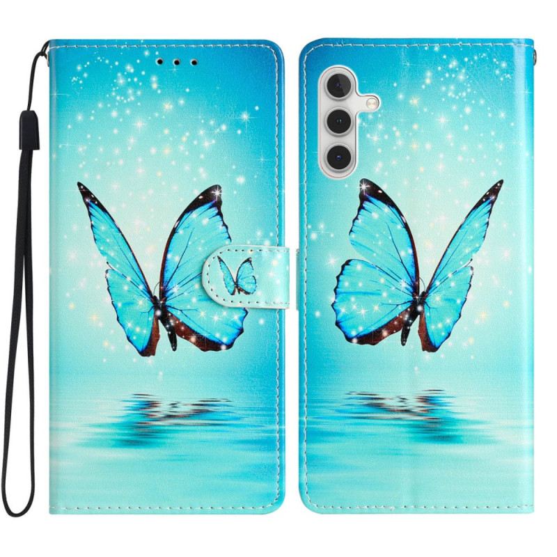 Lederhüllen Samsung Galaxy A55 5g Handyhülle Blauer Schmetterling Mit Riemen