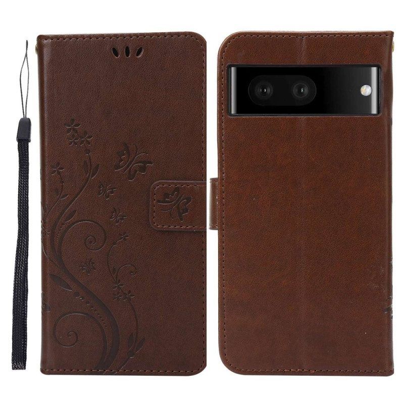 Flip Case Für Google Pixel 7 Mit Kordel Blumen Und Schmetterlinge Mit Riemen