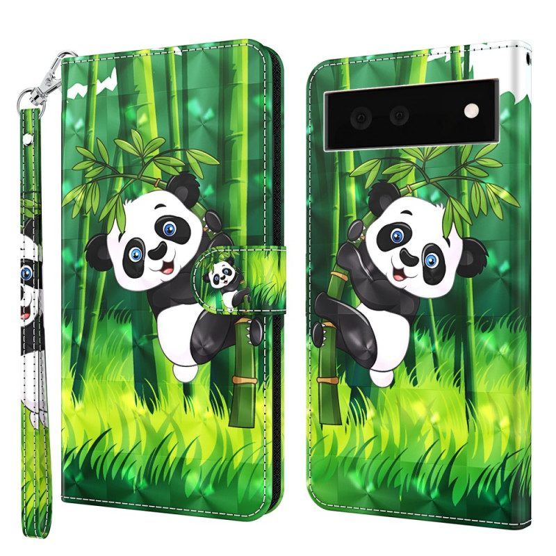 Flip Case Für Google Pixel 7 Mit Kordel Panda Und Bambus Mit Schlüsselband