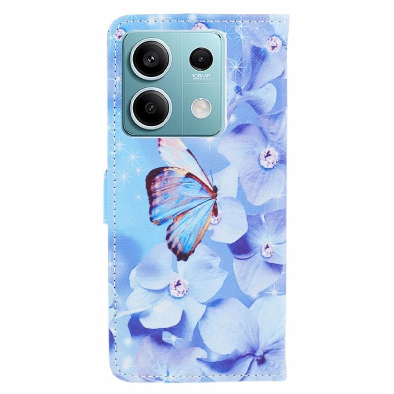 Lederhüllen Für Xiaomi Redmi Note 13 5g Blaue Blumen Und Schmetterling Mit Riemen