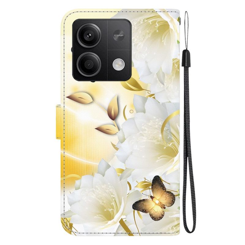 Lederhüllen Xiaomi Redmi Note 13 5g Goldene Schmetterlinge Und Weiße Blumen