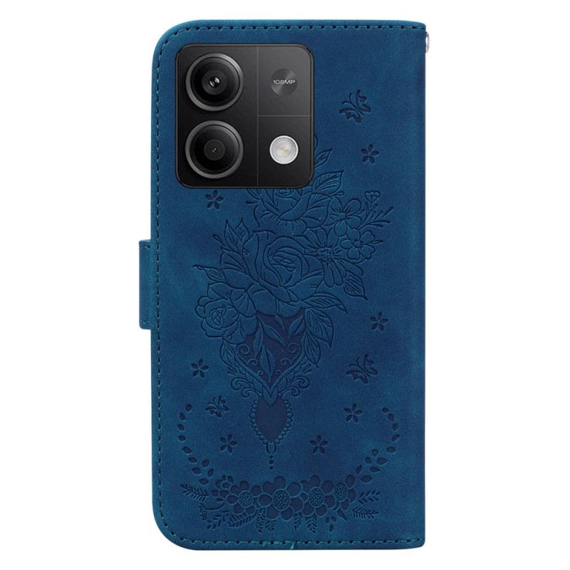 Lederhüllen Xiaomi Redmi Note 13 5g Handyhülle Rose Und Schmetterlinge Mit Riemen