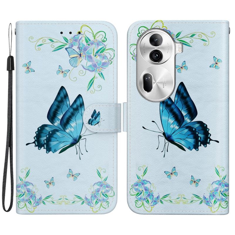 Lederhüllen Oppo Reno 11 Pro 5g Handyhülle Blauer Schmetterling Und Blumen Mit Riemen