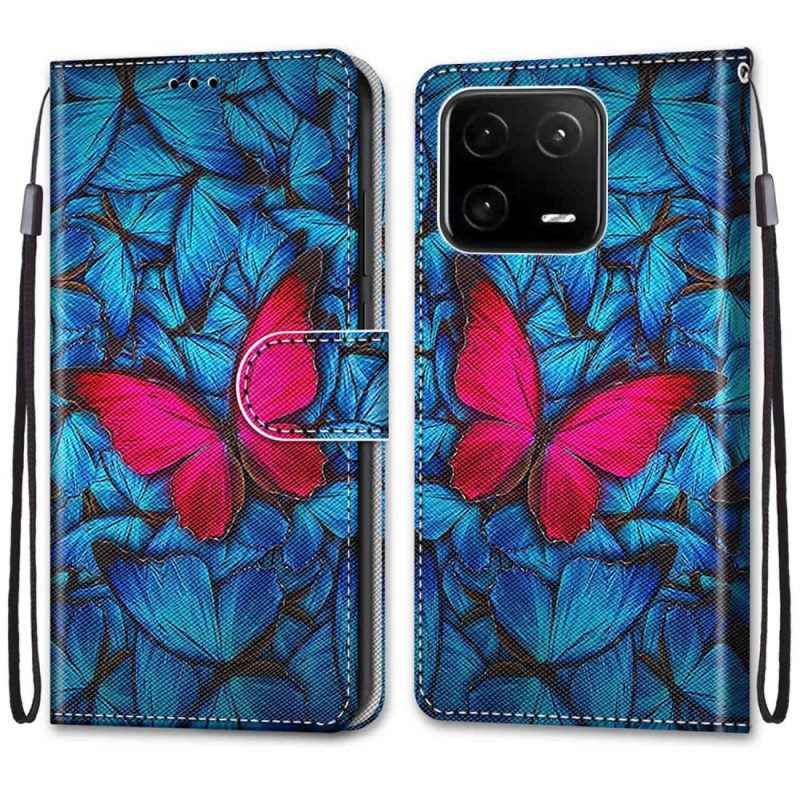 Flip Case Für Xiaomi 13 Pro Roter Schmetterling. Blauer Hintergrund