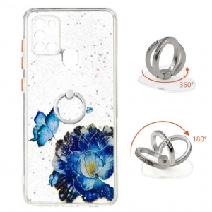 Handyhülle Für Samsung Galaxy A21s Blaue Blumen Und Schmetterlinge Mit Ring