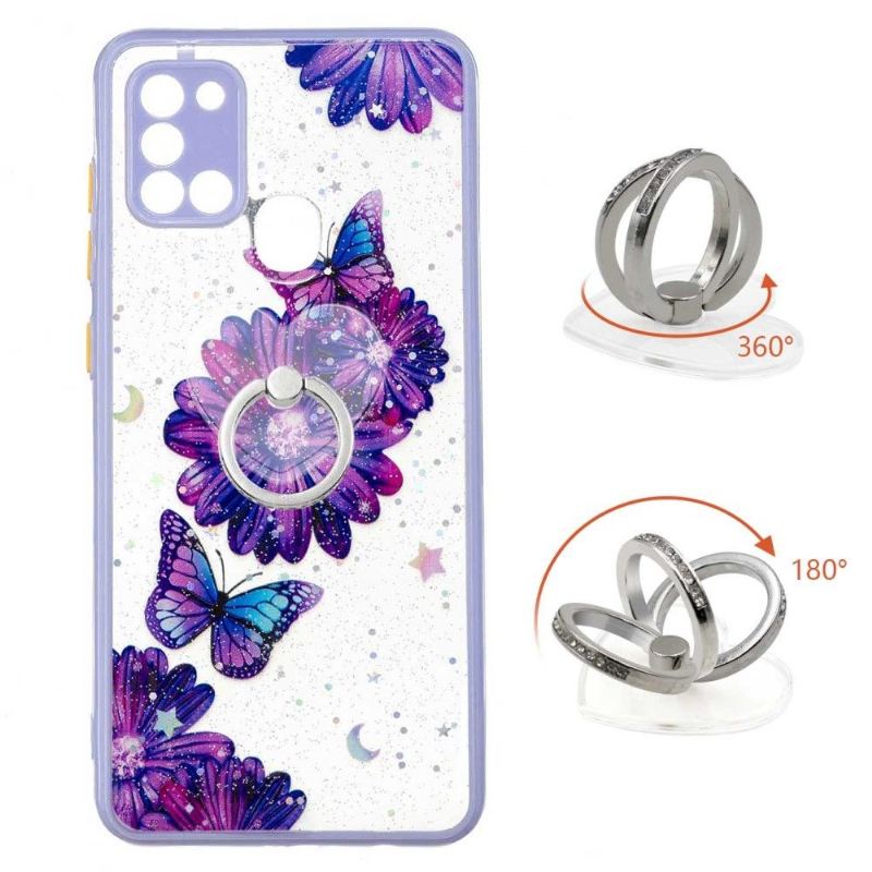 Handyhülle Für Samsung Galaxy A21s Lila Blumen Und Schmetterlinge Mit Ring