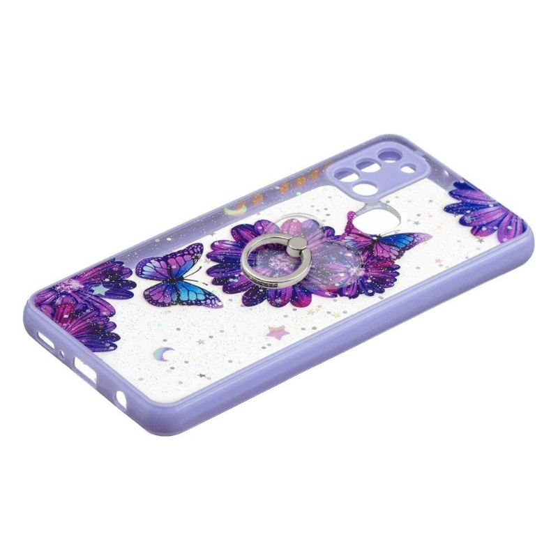 Handyhülle Für Samsung Galaxy A21s Lila Blumen Und Schmetterlinge Mit Ring