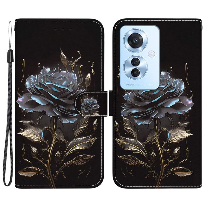 Lederhüllen Oppo Reno 11f 5g Handyhülle Schwarze Rose Mit Riemen