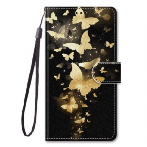 Flip Case Für Xiaomi 12 / 12X Mit Kordel Goldene Schmetterlinge Mit Riemen