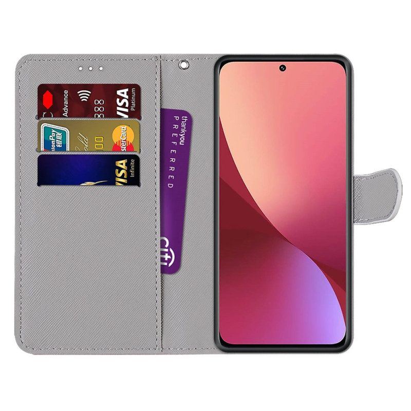 Flip Case Für Xiaomi 12 / 12X Mit Kordel Roter Schmetterling Mit Riemen