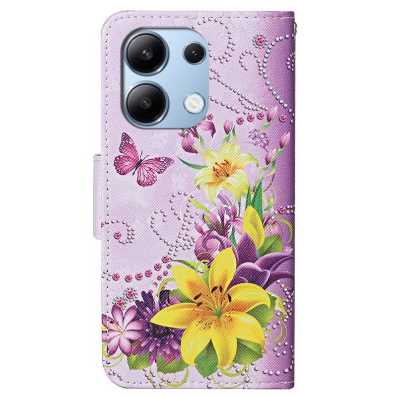 Lederhüllen Xiaomi Redmi Note 13 4g Blumen- Und Schmetterlingsmuster Mit Riemen