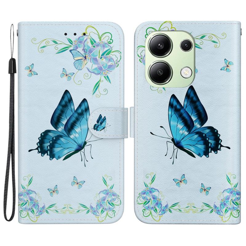 Lederhüllen Xiaomi Redmi Note 13 4g Handyhülle Blauer Schmetterling Und Blumen Mit Riemen