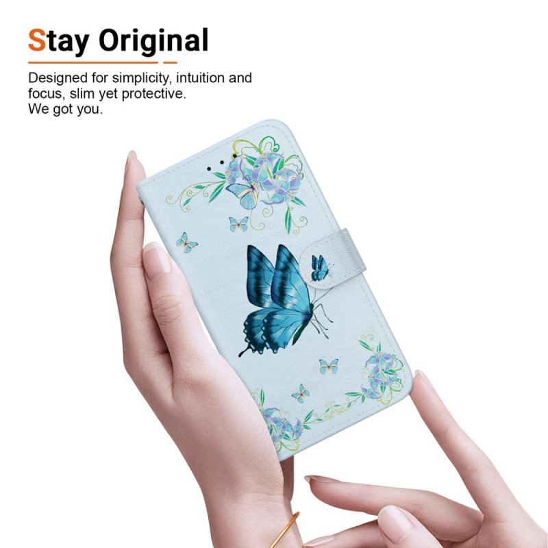 Lederhüllen Xiaomi Redmi Note 13 4g Handyhülle Blauer Schmetterling Und Blumen Mit Riemen