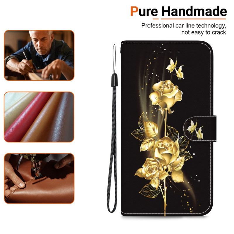 Lederhüllen Xiaomi Redmi Note 13 4g Handyhülle Goldene Schmetterlinge Und Rose Mit Riemen