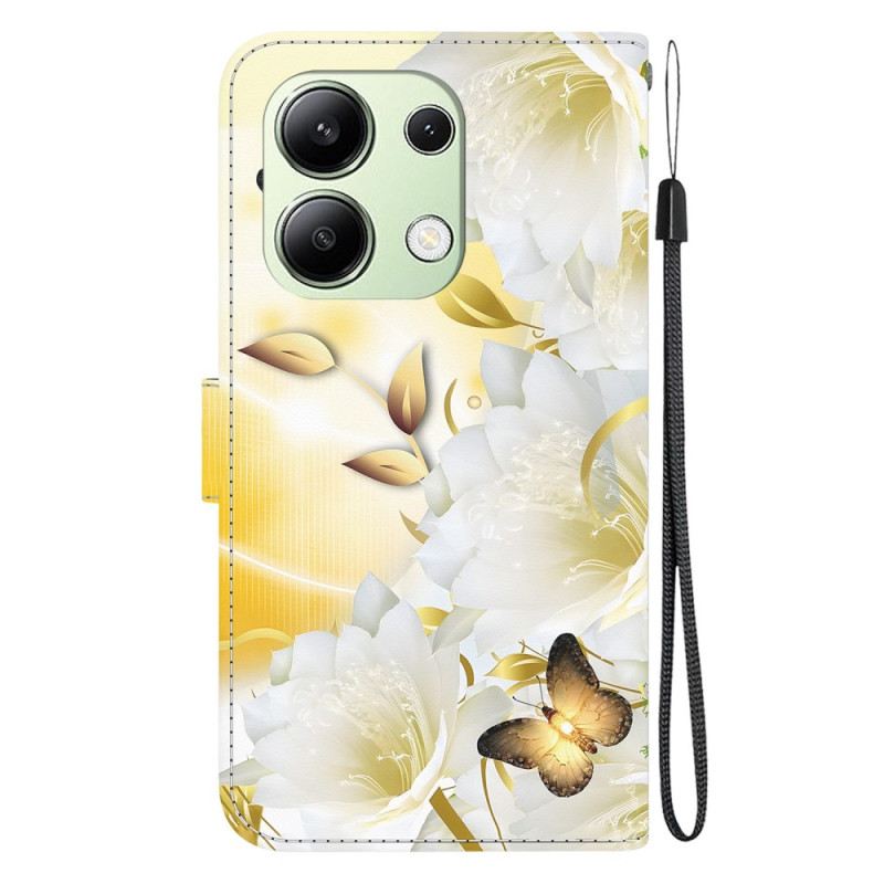 Lederhüllen Xiaomi Redmi Note 13 4g Handyhülle Goldene Schmetterlinge Und Weiße Blumen Mit Riemen