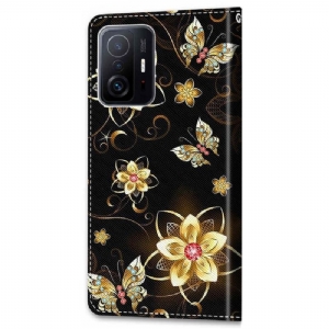 Flip Case Für Xiaomi 11T / 11T Pro Schmetterlinge Und Goldene Blumen